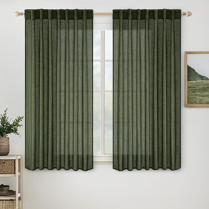 MIULEE Olive Green Short Linen Curtains 45 Inch Length 2 Panels by MIULEE