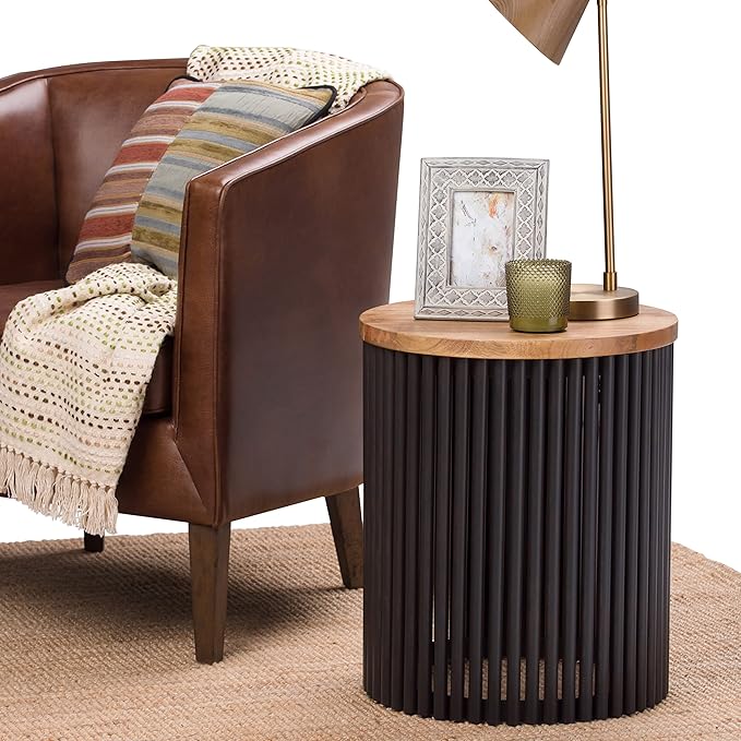 SIMPLIHOME Demy 18-inch Wide Metal and Solid Mango Accent Table in Natural/Black, Round Side Table with Mango Wood Top for Living Room or Bedroom, Industrial Style, Assembled