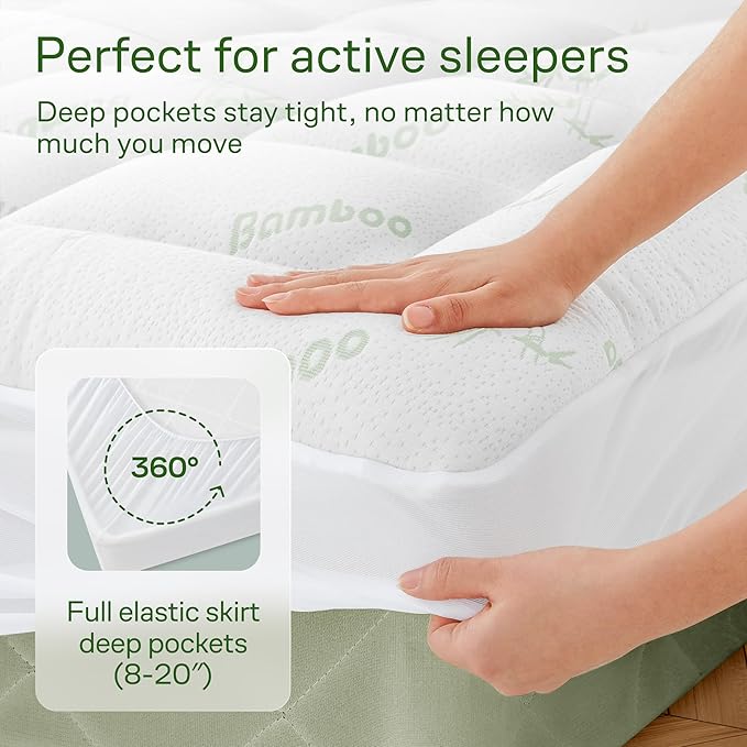 Ultra Soft Twin Size Mattress Topper - Viscose Made from Bamboo Pillow Top Mattress Pad for Back Pain Relief - Naturally Cooling for Hot Sleepers, Green