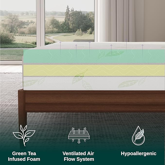 NapQueen Queen Size, 12 Inch Anula Green Tea Infused Memory Foam Mattress, Bed in a Box, CertiPUR-US Certified Mattress