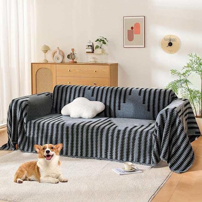 Boho Sofa Cover, Couch Covers for 3 Cushion Couch Sofa Pet Friendly, Sofa Cover Washable, Soft Chenille Living Room Couch Covers Slipcover, Pet Furniture Protecto (2# Dark Grey, 71" x 150")