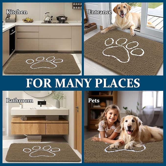 OLANLY Door Mat for Muddy Dog Paws 70x24, Ultra Absorbent Chenille Mud Doormat with Paw Print Design, Non-Slip Washable Doormat for Indoor Entryway, Quick-Dry Pet Bed Mats for Dirty Dogs, Tan