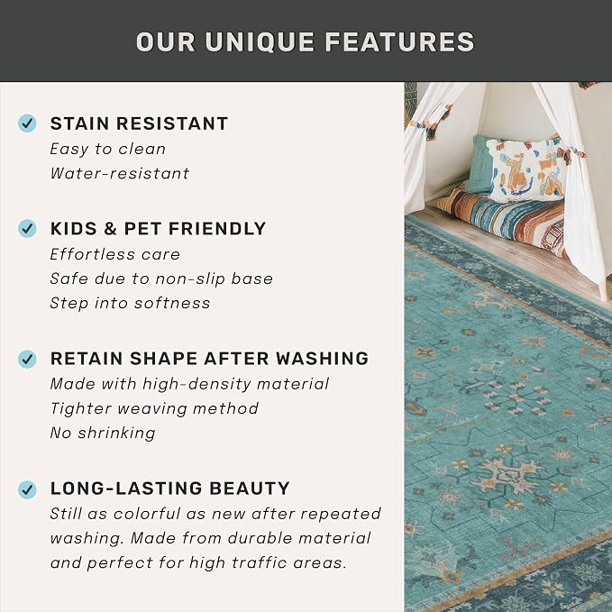 Washable 10x12 Large Teal Teal Boho Living Room Rug - Image 5