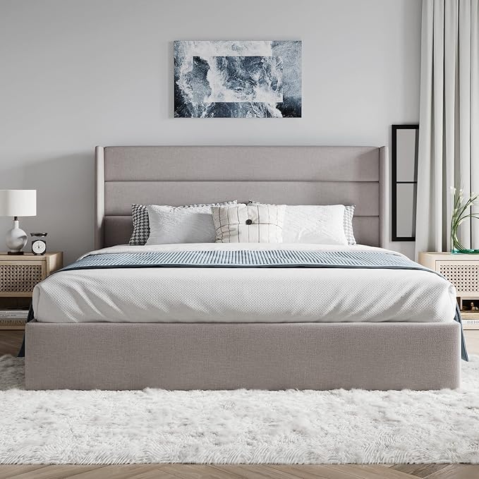 SHA CERLIN Queen Size Lift Up Storage Bed/Modern Wingback Headboard/Upholstered Platform Bed Frame/Hydraulic Storage/No Box Spring Needed/Wood Slats Support/Light Beige