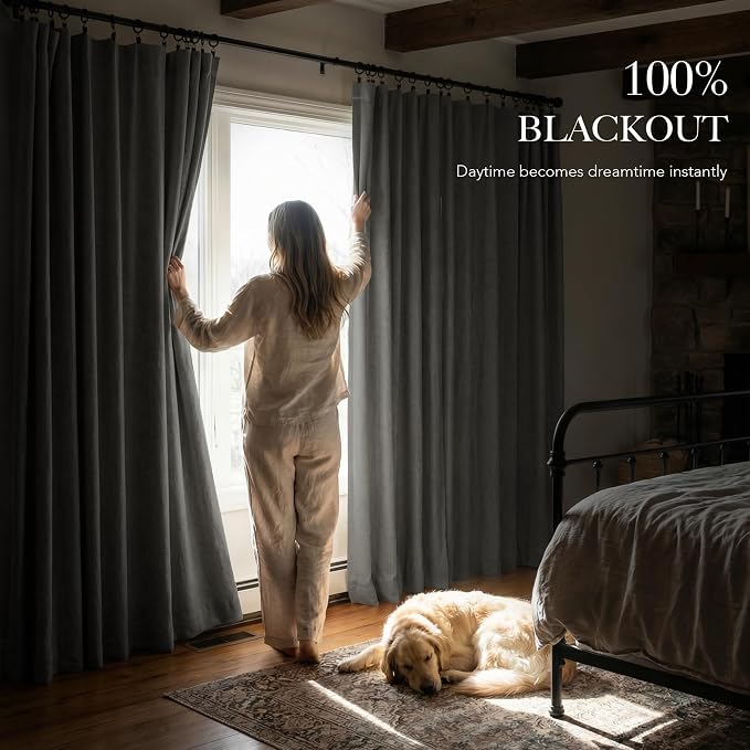 RYB HOME 100% Blackout Linen Textured Curtains 96 inches Long, Thermal - Image 3