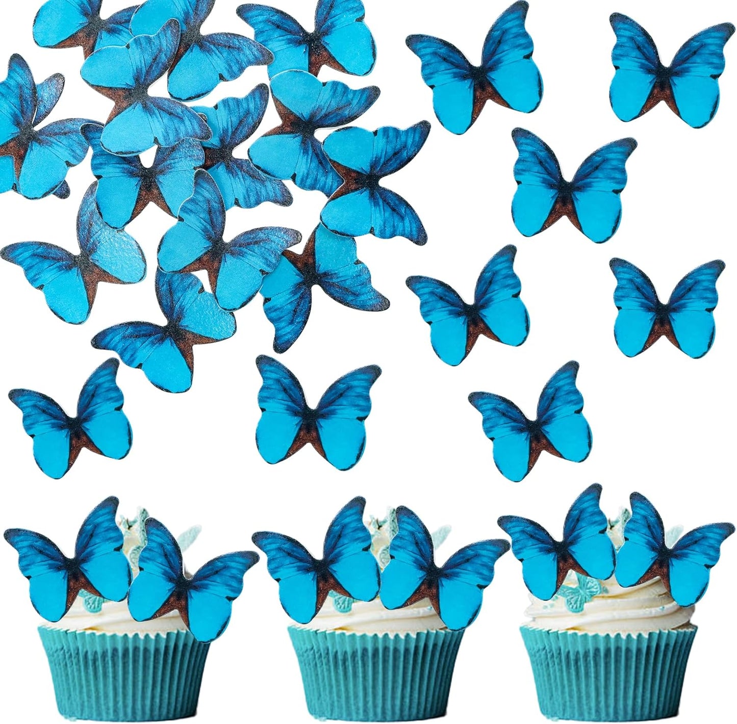 Ephlyn 48Pcs Edible Butterfly Cupcake Toppers 3D Cute Butterfly Cake Picks for Baby Shower Bridal Shower Boys Girls Birthday Party Cake Decorations Supplies Blue