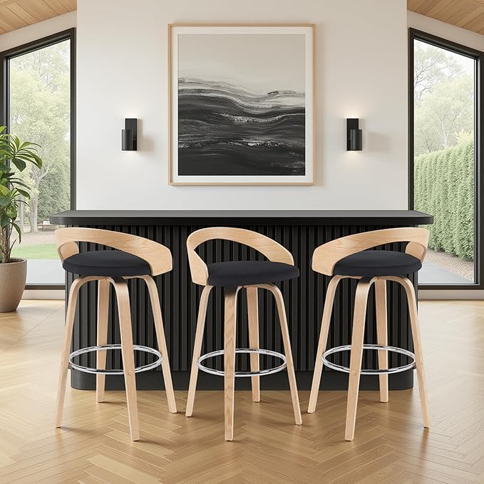 Sonia Modern Swivel Bar Height Stool with Black Upholstered Seat and Patterned Oak Wood Finish Set of 2