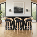 Sonia Modern Swivel Bar Height Stool with Black Upholstered Seat and Patterned Oak Wood Finish Set of 2