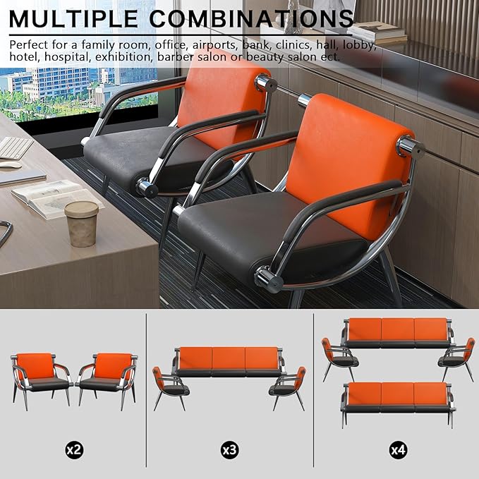 wonline 4 Seat Waiting Room Chair with Armrest PU Leather Office Furniture, Office Guest Seating Lobby Conference Reception Chairs for Airport Clinic Hospital Bank Salon Barber(Orange&Black)