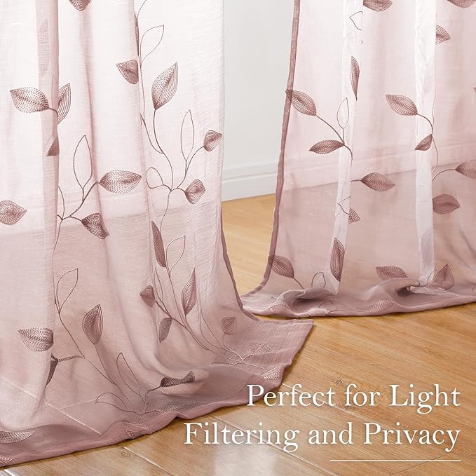 HOMEIDEAS Blush Pink Floral Sheer Curtains 96 Inches Long 2 Panels Embroidered - Image 4