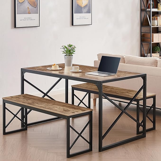 VECELO Kitchen Dining Table Set for 4 to 6, 55" Wood Dinette 2 Benches with Metal Frame for Dinner Breakfast Nook and Small Space, Brown