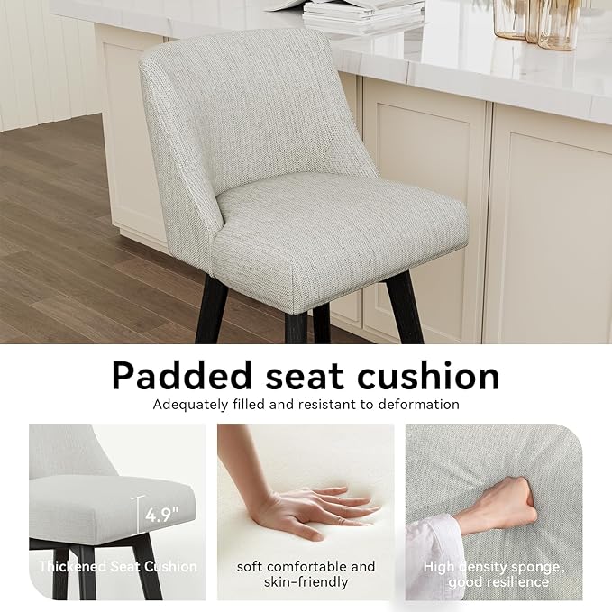 Vipbear Swivel Counter Height Bar Stools Set of 6,26.8" H Counter Stools with Back, Mid Century Modern Bar Stools for Kitchen Island,Linen Fabric,Wooden Base, White