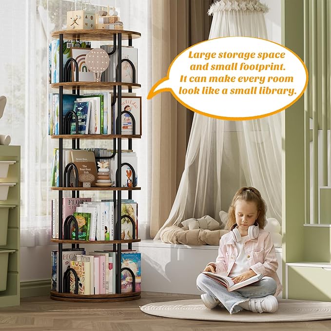 Aheaplus 5 Tier Rotating Bookshelf Tower, 360 Display Spinning Bookcase, Revolving Round Book Shelf Narrow Swivel Bookshelf, Vertical Turning Corner Book Organizer for Small Space, Rustic Brown