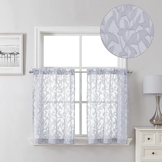 Lecloud Leia Light Grey 2 PCS Sheer Kitchen Curtains 30 Inch Length, Breathable by Lecloud