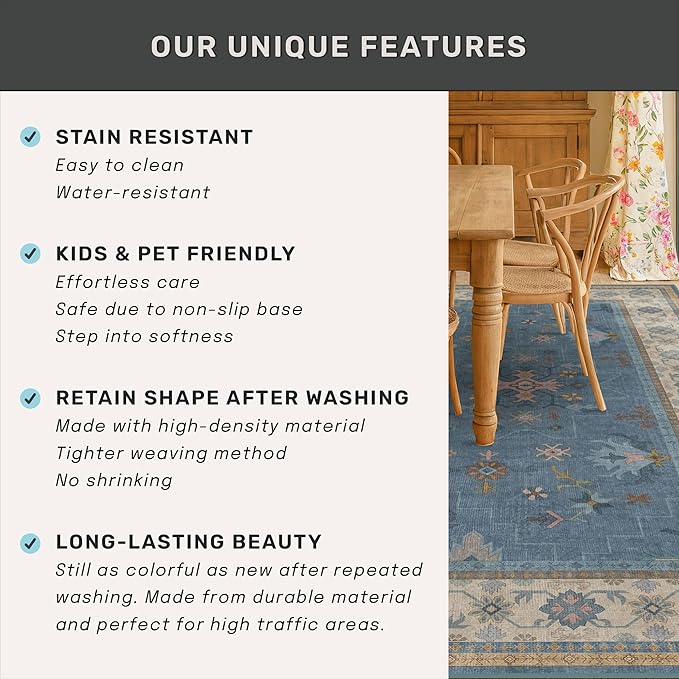 5x7 Rug for Living Room, Boho 5 x 7 Area Rugs Colorful Blue Modern Eclectic Low-Pile Carpet for Bedroom, Dining Table, Nursery, Washable Non-Slip with Rubber Back