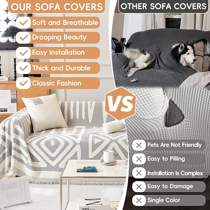 STACYPIK Boho Gray White Cream Sofa Cover Reversible Triangle Geometric Couch Cover Protector Cover Washable Jacquard Furniture Protector for 3 Cushion Couch Multi-Use Sectional Sofa Cover-91X150IN