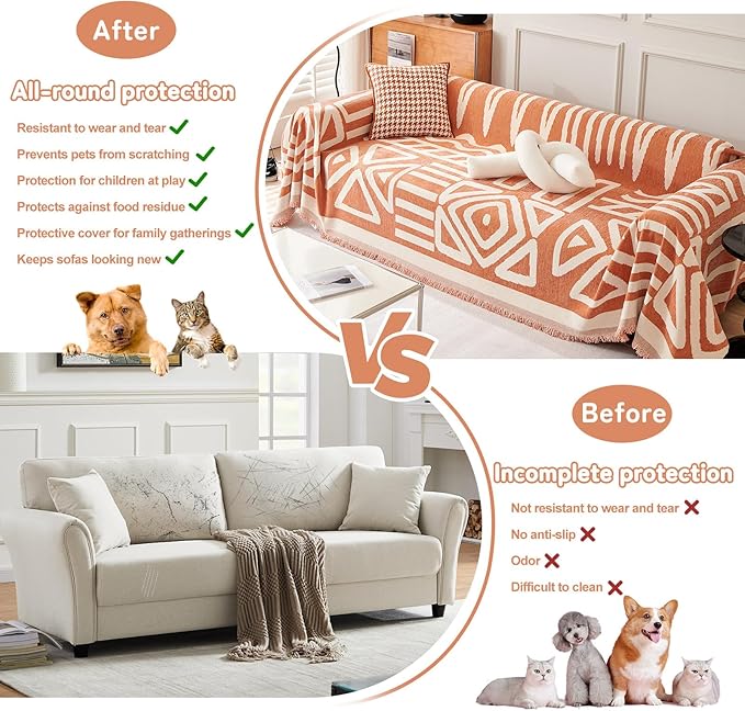 HANDONTIME Orange Sofa Covers for Loveseat & Couch - Soft Chenille, 3 Cushion, Boho Style, Pet-Friendly, Thick & Washable, 91" X150