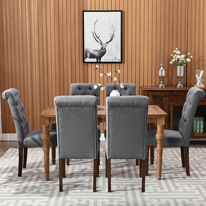 COLAMY Button Tufted Dining Chairs Set of 4, Parsons Upholstered Fabric Dining Room Chairs Kitchen Chairs with Wood Legs and Padded Seat, Dark Grey