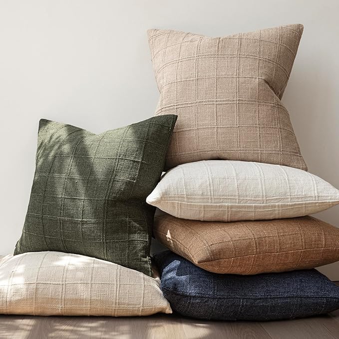 Foindtower Set of 2 Decorative Linen Check Throw Pillow Covers Neutral Farmhouse Lumbar Cushion Covers Modern Coastal Boho Home Decor for Sofa Chair Couch Bedroom Living Room Outdoor,12×20 Inch,Camel