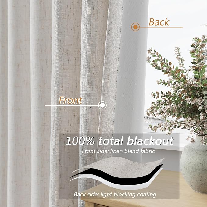 Guken Light Beige Linen 100% Blackout Curtains 96 Inches Long Floor to Ceiling - Image 4