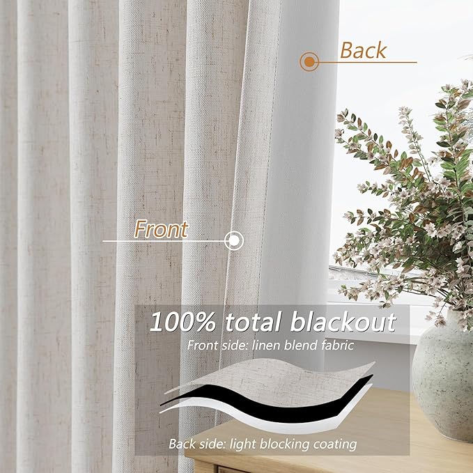 Guken Light Beige 100% Blackout Curtains 112 Inch Length 2 Panels Set Neutral - Image 4