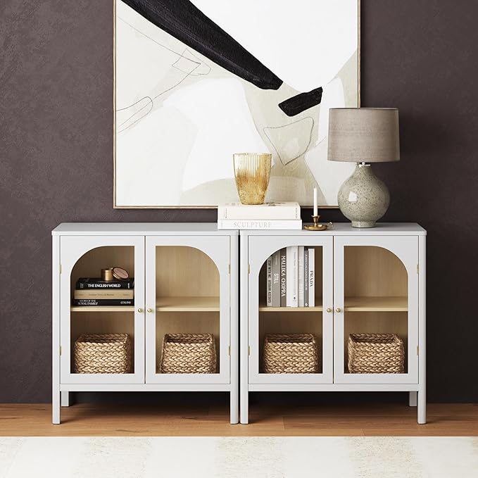 Nathan James Mason Wood Storage Cabinet Accent Sideboard Buffet Credenza TV Stand with Glass Doors and Adjustable Shelf for Dining Room, Entryway or Living Room, Clear Glass/White/Light Oak, Set of 2