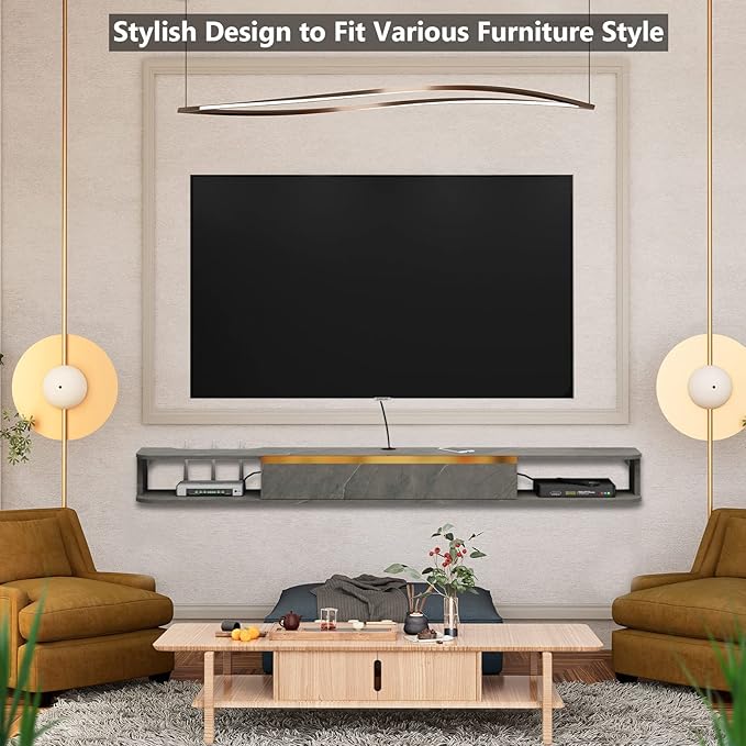 Floating TV Stand, 47'' Wall Mounted Entertainment Center TV Media Console, Floating Shelves with Door, Floating TV Cabinet Large Storage TV Bench for Living Room (Dark Grey, 47.63IN)