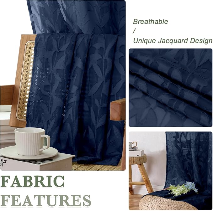 Lecloud Leia Navy Blue Sheer Curtains 45 Inch Length 2 Pcs, Dual Rod Pocket - Image 4