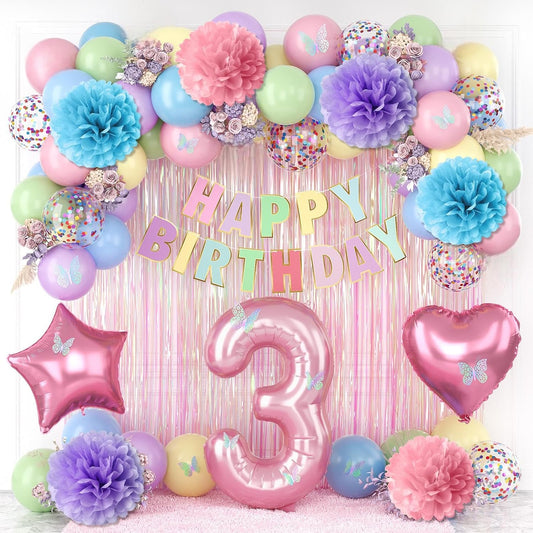 Pastel 3rd Birthday Party Decorations for Girls Number 3 Balloon Happy Birthday Banner Butterfly Stickers Fringe Curtain Paper Pom Poms Macaron Pink Star Heart Foil Colorful Balloons 3 Year Old Decor