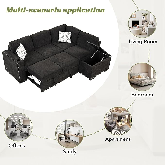 Merax Modern 83.8" Sectional Couch Bed with Storage Chaise/USB Ports/Cup Holder, L-Shape Pull Out Sleeper Sofa for Living Room, Black