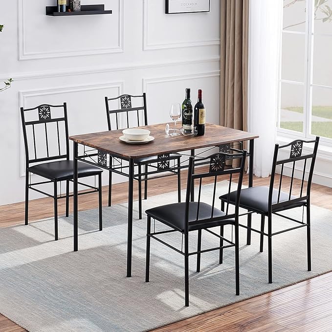 VECELO Kitchen Dining Room Table Sets for 4, 5 Piece Metal and Wood Rectangular Breakfast Nook, Dinette with Chairs, Retro-Brown