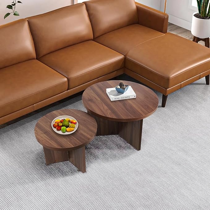 Round Nesting Coffee Tables Set of 2, Modern Stacking Table with Wood Grain Finish, End Table Side Tables for Living Room (Walnut)