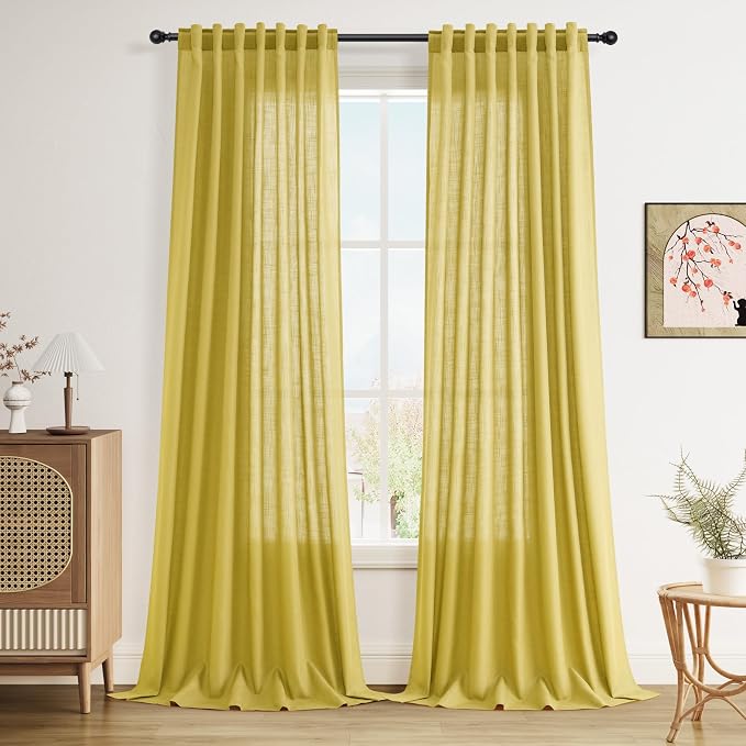 Celery Yellow Linen Curtains 102 Inches Long 2 Panel Set Back Tab Rod Pocket by Nanspring