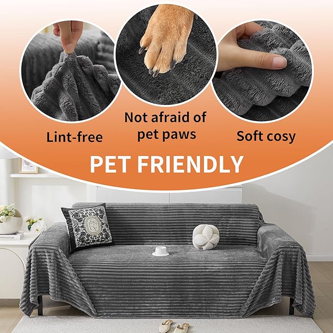 HAOMAIJIA Faux Fur Sofa Covers Couch Covers for 3 Cushion Couch Sofa Pet Friendly Soft Non Slip Couch Cover for Dogs Washable Sectional Couch Covers L Shape Furniture Protector (Grey, 91"x134")