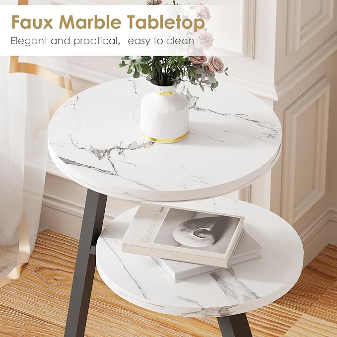BEWISHOME Round End Table Marble Side Table with Metal Frame, Small Nightstand with 3-Tier Shelves, Night Stand for Living Room Bedroom Tall Black KTZ41H