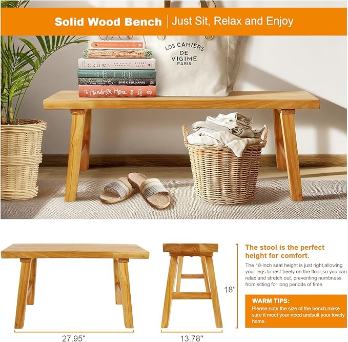 Farmhouse Solid Wood Bench: Long Rustic Indoor Narrow Wooden Bench for Entryway,Living Room, Dining Room,End of Bed,Hallway (39" Lx10 Wx18 H)