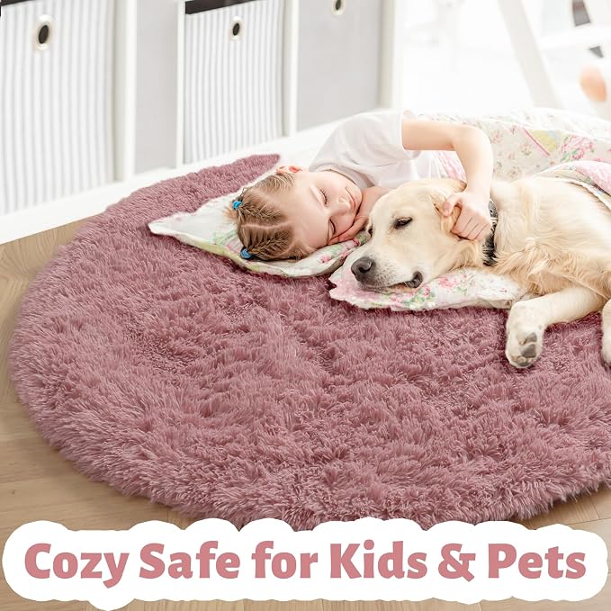 Blush Round Rug 6Ft for Bedroom, Fluffy Fuzzy Plush Circle Area Rugs for Baby - Image 4