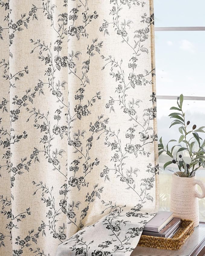 Lazzzy Black Floral Linen Curtains 63 Inch Farmhouse Back Tab Drapes - Image 8