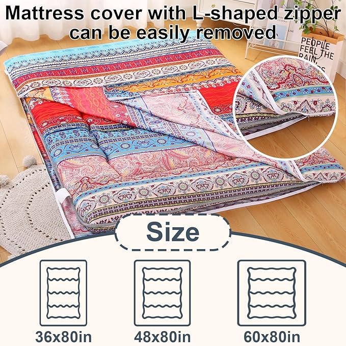 Bohemian Retro Japanese Floor Mattress, Vintage Floral Tatami Floor Mat, Portable Roll up Futon Mattress for Guest,Tavel (C,Twin 80" x 36")
