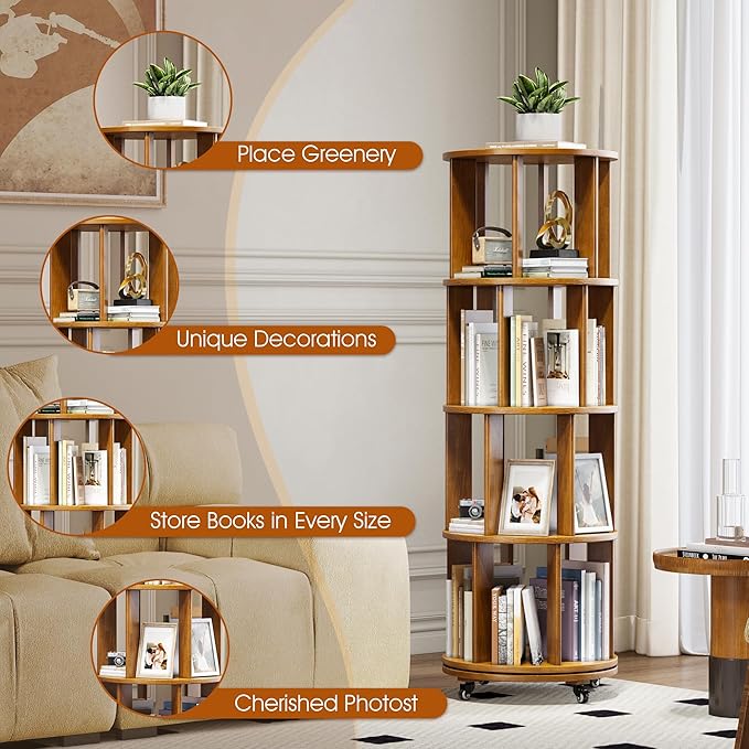 4 Tier Rotating Bookshelf Tower, 360 Spinning Bookcase Carousel with Lockable Wheels, Round Lazy Susan Organizer for Corner Bookshelf, Solid Wood Revolving Bookcase for Kids Room, Bedroom, Living Room