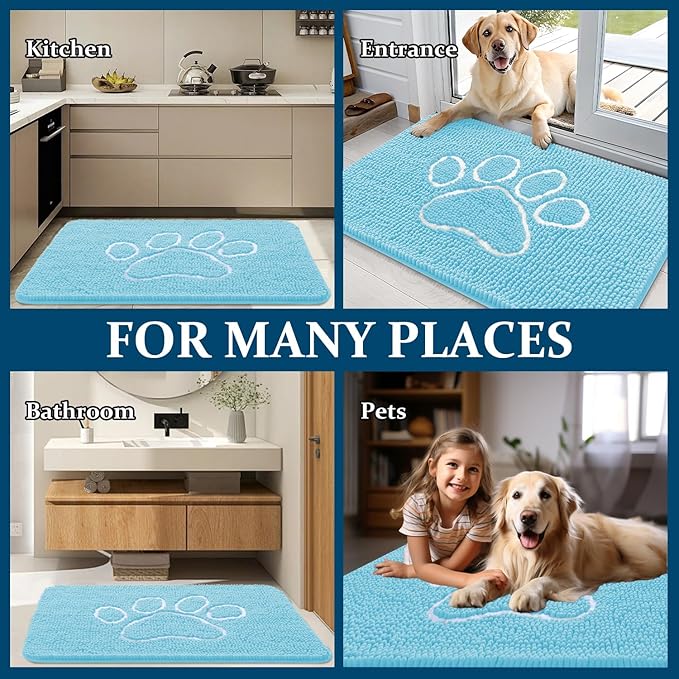 OLANLY Door Mat for Muddy Dog Paws 40x32, Ultra Absorbent Chenille Mud Doormat with Paw Print Design, Non-Slip Washable Doormat for Indoor Entryway, Quick-Dry Pet Bed Mats for Dirty Dogs, Blue