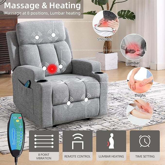 Phoenix Home Manual Recliner Chair with Massage and Heat Ergonomic Overstuffed Breathable Fabric Reclining Chair with 2 Side Pockets, 2 Cup Holders, Remote Control, Living Room, Bedroom, Gray