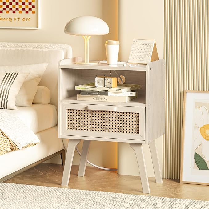 Lerliuo Rattan Nightstands Set of 2 with Charging Station, Side Table with Drawer Open Shelf, Cane Accent Bedside End Table, Night Stand for Bedroom, Dorm and Small Spaces (Grey White)