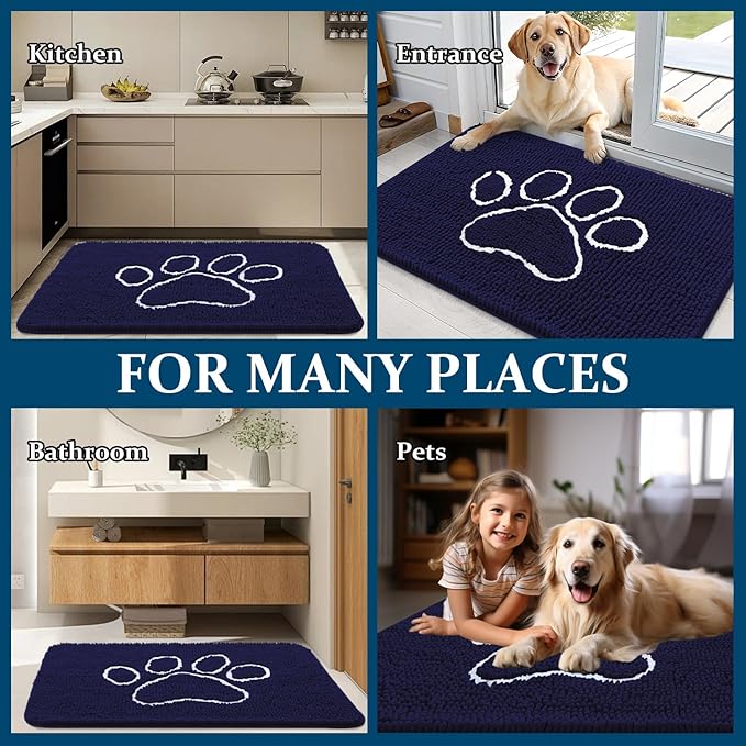 OLANLY Door Mat for Muddy Dog Paws 24x16, Ultra Absorbent Chenille Mud Doormat with Paw Print Design, Non-Slip Washable Doormat for Indoor Entryway, Quick-Dry Pet Bed Mats for Dirty Dogs, Navy Blue