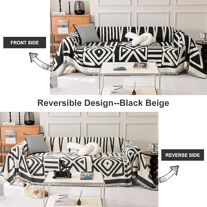STACYPIK Reversible Boho Couch Cover Ivory Black Futon Armchair Slipcovecrs Anti-Slip Sofa Cover for Dogs Cats Geometric Triangle Couch Cover Versatile Furniture Protector for 2 Cushion Couch-71X102IN