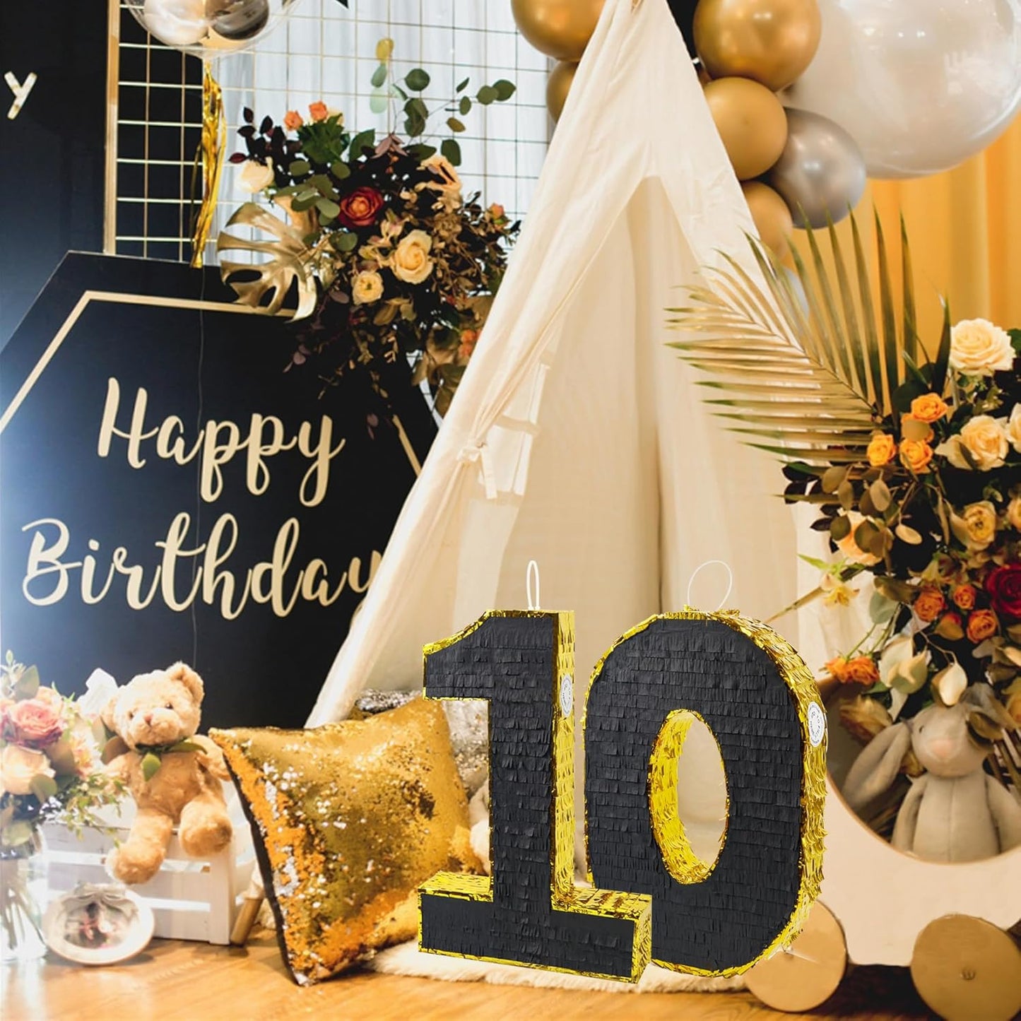 PCFING 20 Inch Number 0 Piñata Gold Black with 30 Inch Piñata Stick Blindfold Confetti for Man Women Boys Girls Birthday Party Decorations, Anniversary Celebration, Fiesta