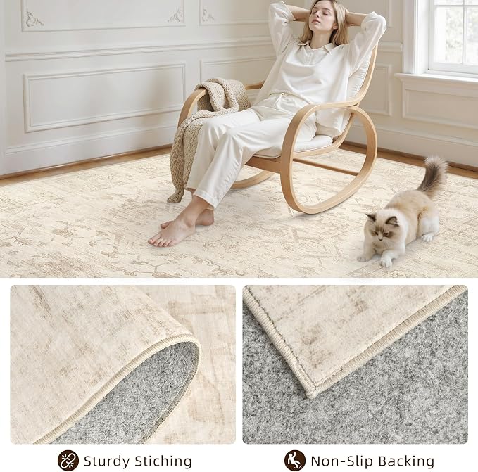 5x7 Area Rugs for Living Room: Vintage Boho Neutral Washable Rug Indoor Soft - Image 4