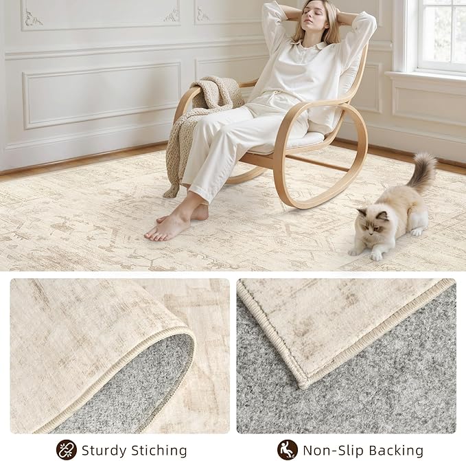 Area Rugs 9x12 Living Room: Vintage Boho Neutral Washable Rug Indoor Soft Large - Image 4