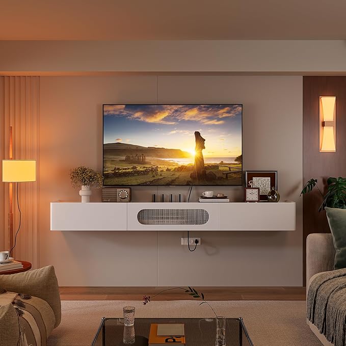 Floaticase Floating TV Stand, 94IN Fully Assembled Hign Gloss Wall Mounted Entertainment Center with Flip-Down Door & Drawers, Under TV Shelf with Large Storage for Living Room, Bedroom