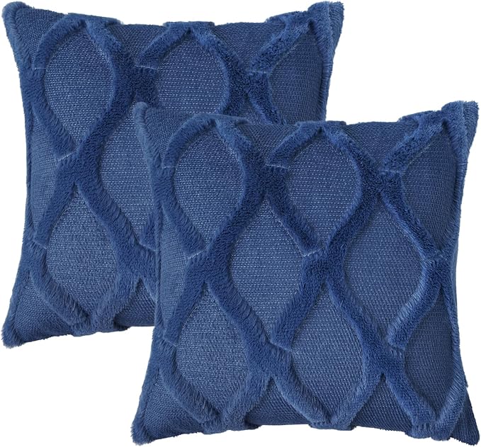 decorUhome Throw Pillow Covers 24x24 Inch Set of 2, Soft Plush Faux Fur Wool Dark Blue Couch Pillow Covers, Decorative Neutral Pillow Cases for Bed Sofa Living Room Home Decor